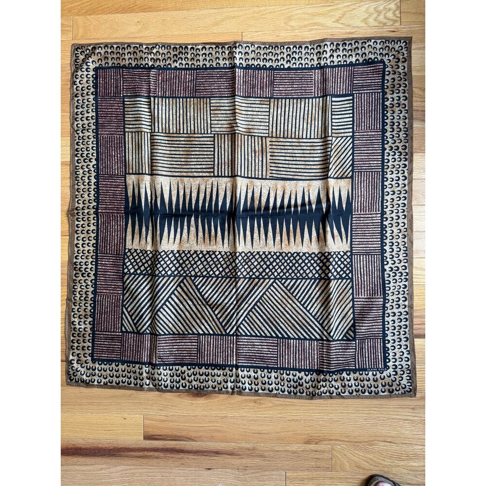 Elaine Gold Silk Scarf Brown Black Geometric Print Square 30 x 30